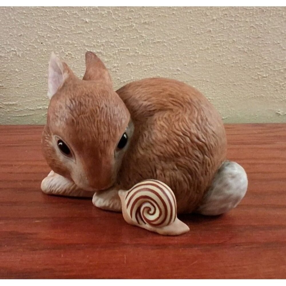 Slowpoke Curious Bunny and Snail Porcelain Rabbit Figurine 1980s Vintage